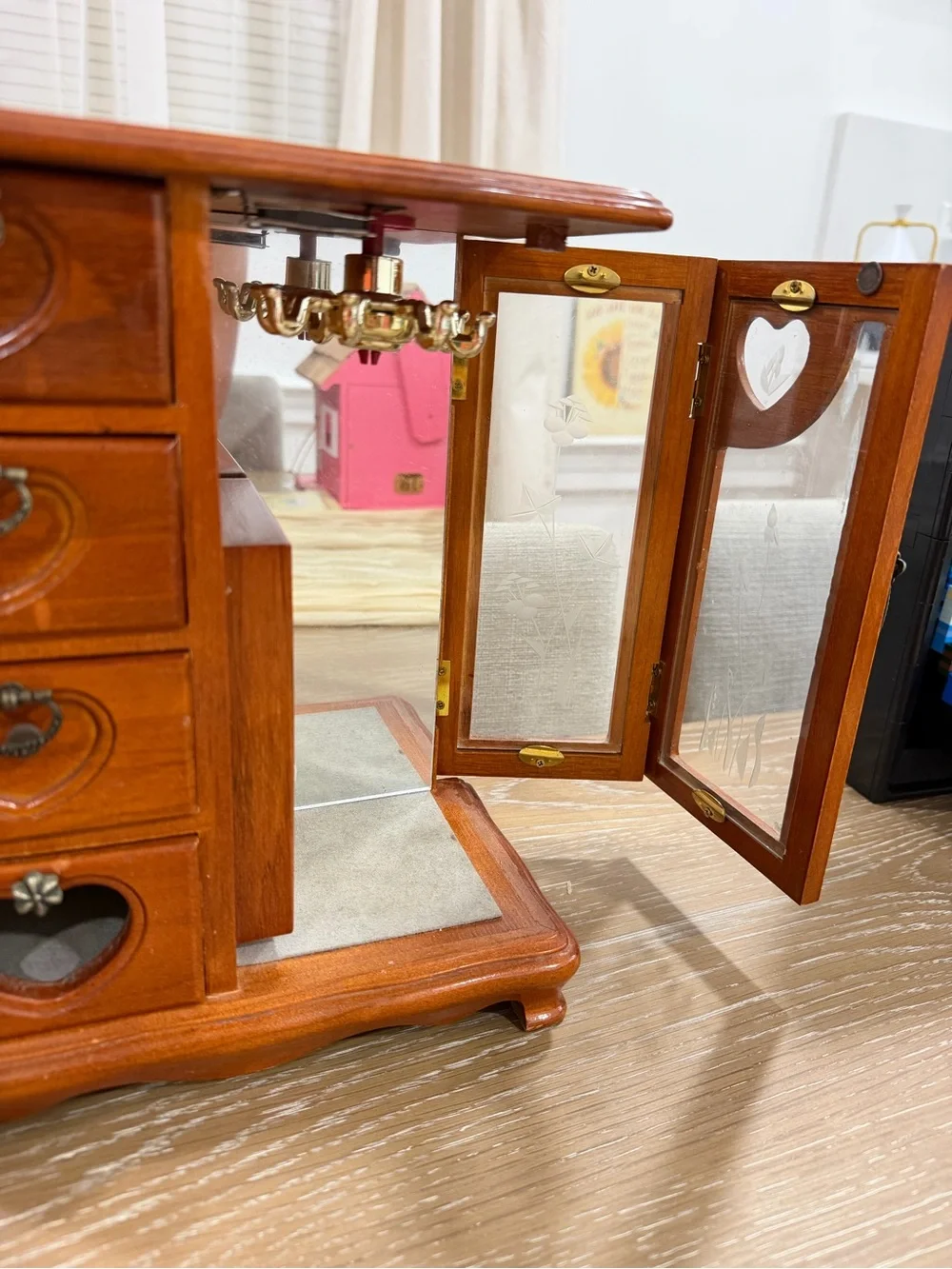 Vintage Wooden Jewelry Box With Heart Motif Glass Door and Velvet Storage drawer
